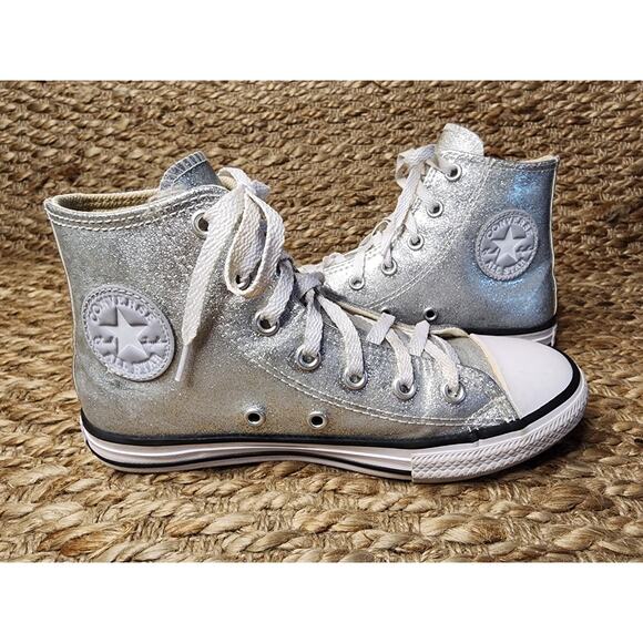 CONVERSE COATED SILVER GLITTER CHUCK TAYLOR ALL STAR KIDS Size 2 Hi Top - Picture 6 of 11